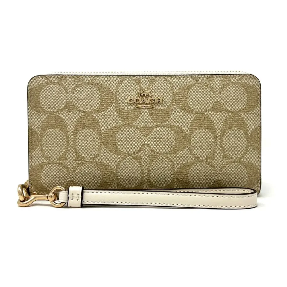 Coach Long Zip Around Wallet in Signature Canvas Light Khaki Chalk White C4452
